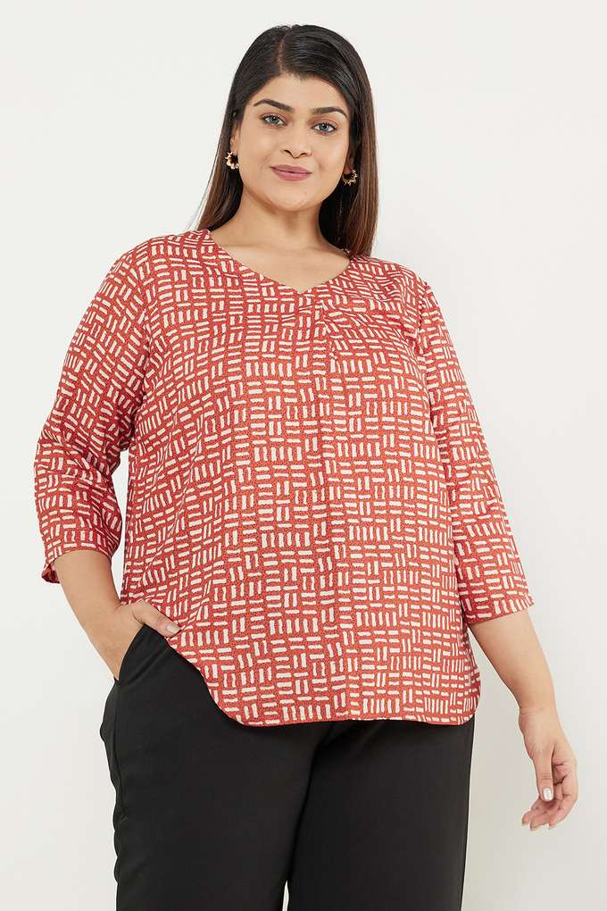 Plus-Size-Printed-Polyester-V-Neck-Women-s-Top