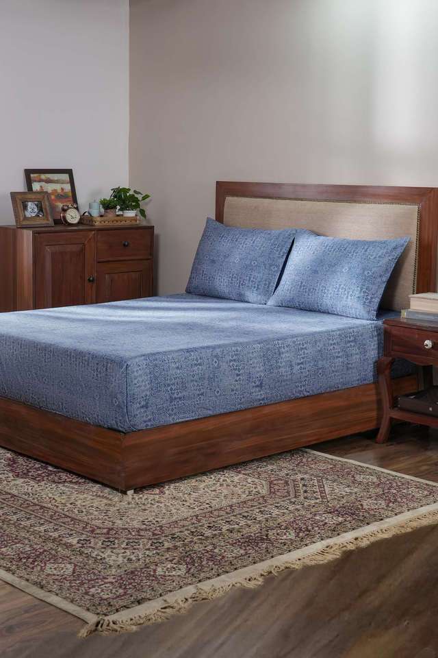 Vintage-Utopian-Regan-Ornament-Troop-Blue-King-Bed-Sheet-With-Pillow-Case