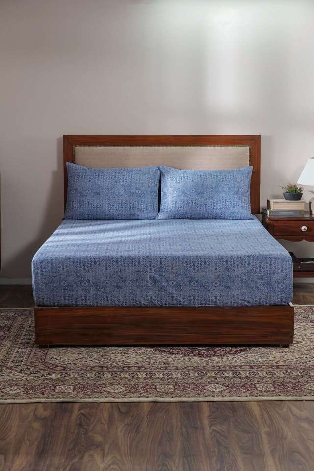 Vintage-Utopian-Regan-Ornament-Troop-Blue-King-Bed-Sheet-With-Pillow-Case