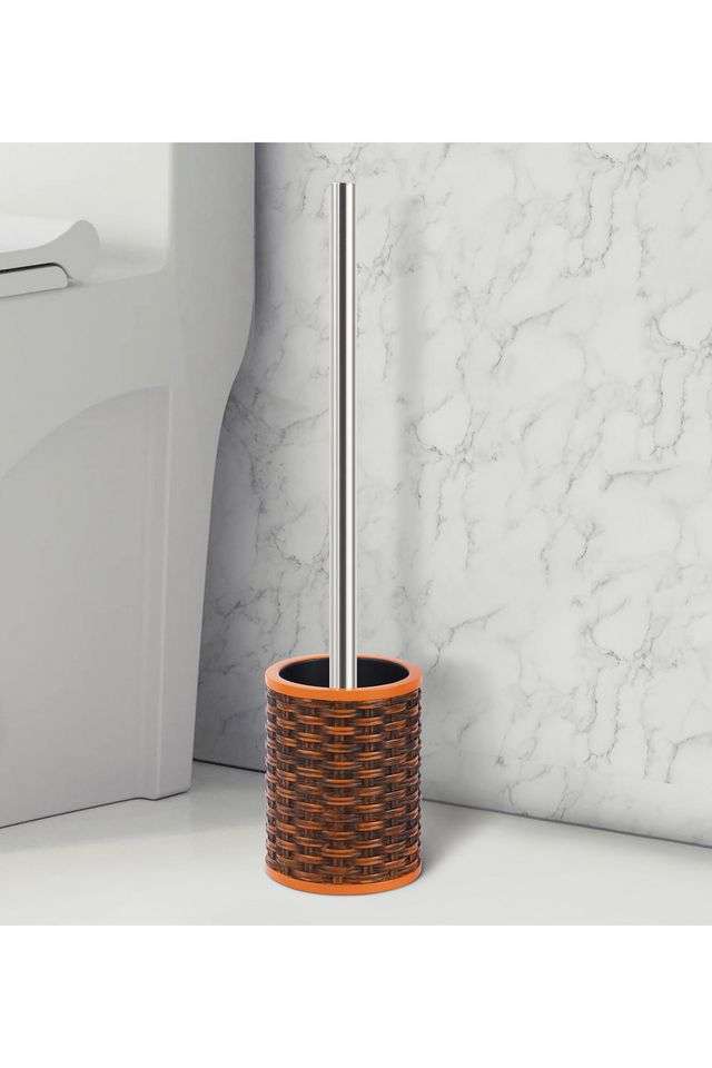 Polyresin-Textured-Toilet-Brush-with-Holder---Brown-&-Orange