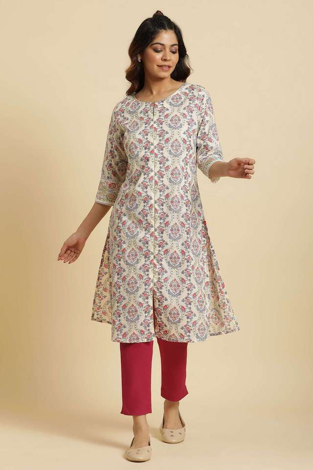 Ecru-Cotton-Kurta-With-Multi-Coloured-Floral-Print