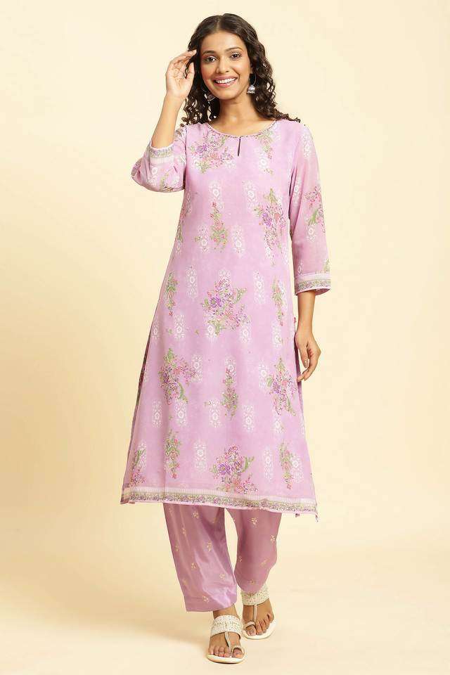 Floral-Polyester-Round-Neck-Women-s-Kurta