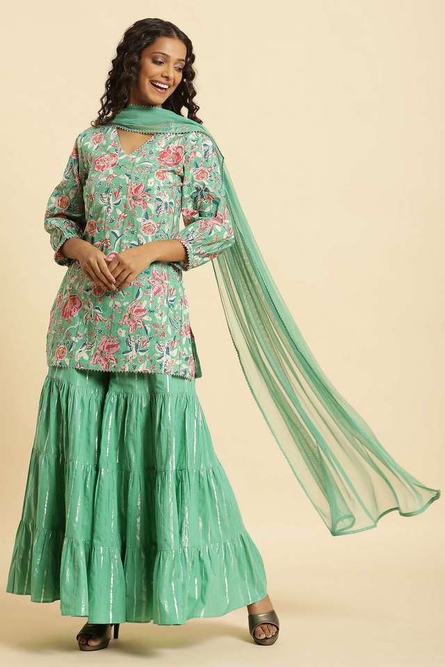 Floral-Above-Knee-Blended-Fabric-Woven-Women-s-Kurta-Sets