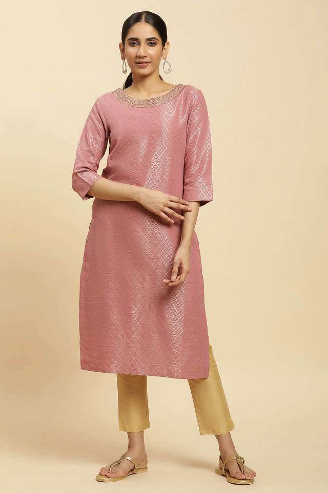 Solid-Blended-Fabric-Round-Neck-Women-s-Casual-Wear-Kurta