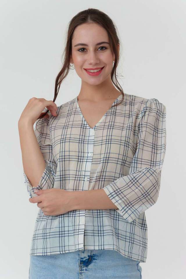 Checks Cotton V Neck Women's Top-image-16