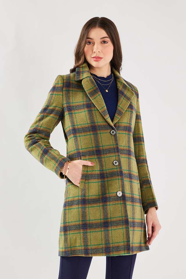 Checks-Collared-Polyester-Women-Coat