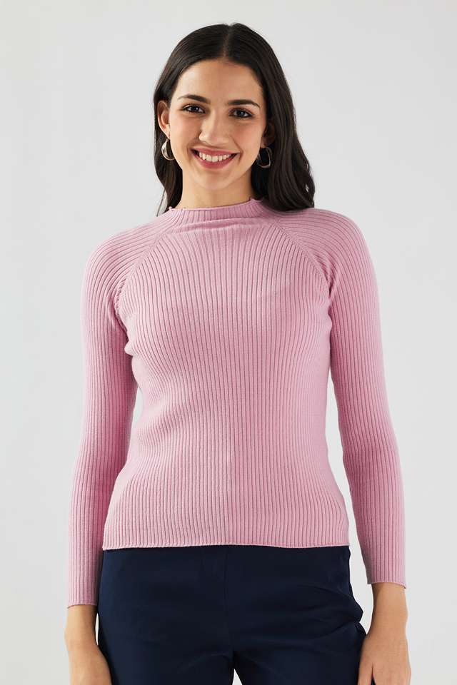 Solid-High-Neck-Blended-Fabric-Women-Sweater
