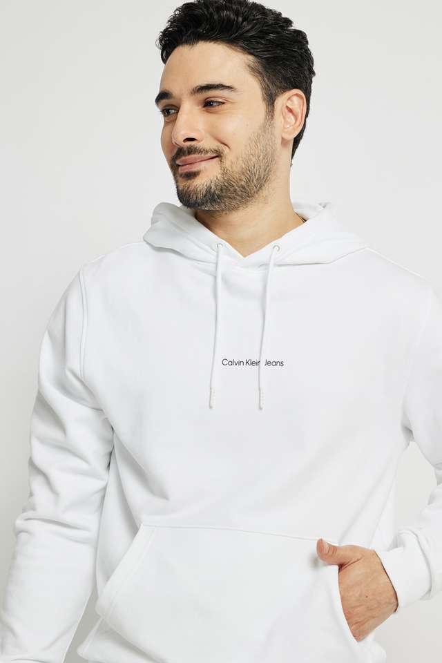 Buy CALVIN KLEIN White Solid Cotton Hooded Men's Sweatshirt