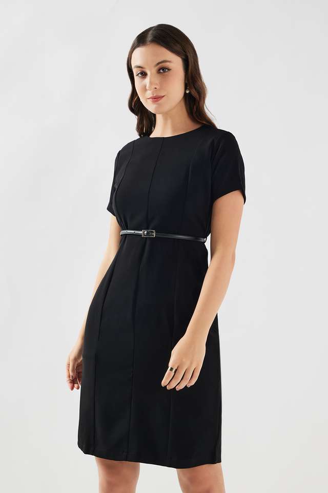 Solid-Round-Neck-Blended-Fabric-Women-s-Dress