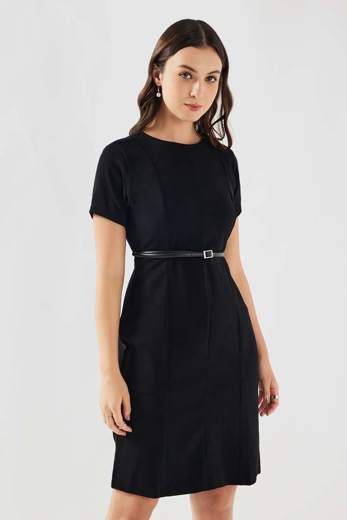 Solid-Round-Neck-Blended-Fabric-Women-s-Dress