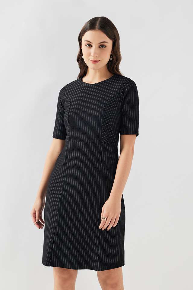Stripes-Round-Neck-Blended-Fabric-Women-s-Dress