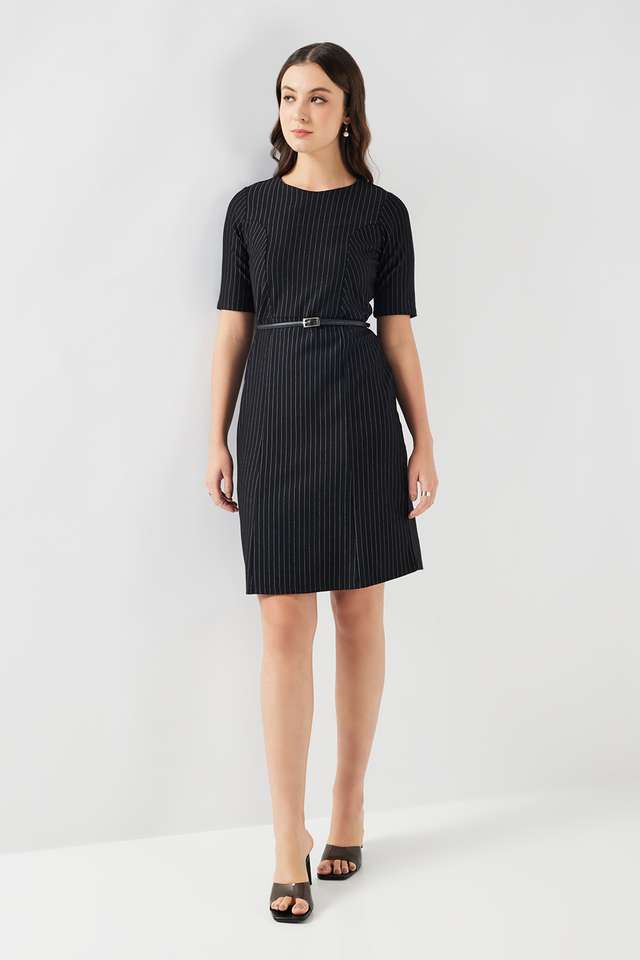 Stripes-Round-Neck-Blended-Fabric-Women-s-Dress