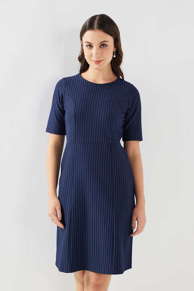 Stripes-Round-Neck-Blended-Fabric-Women-s-Dress