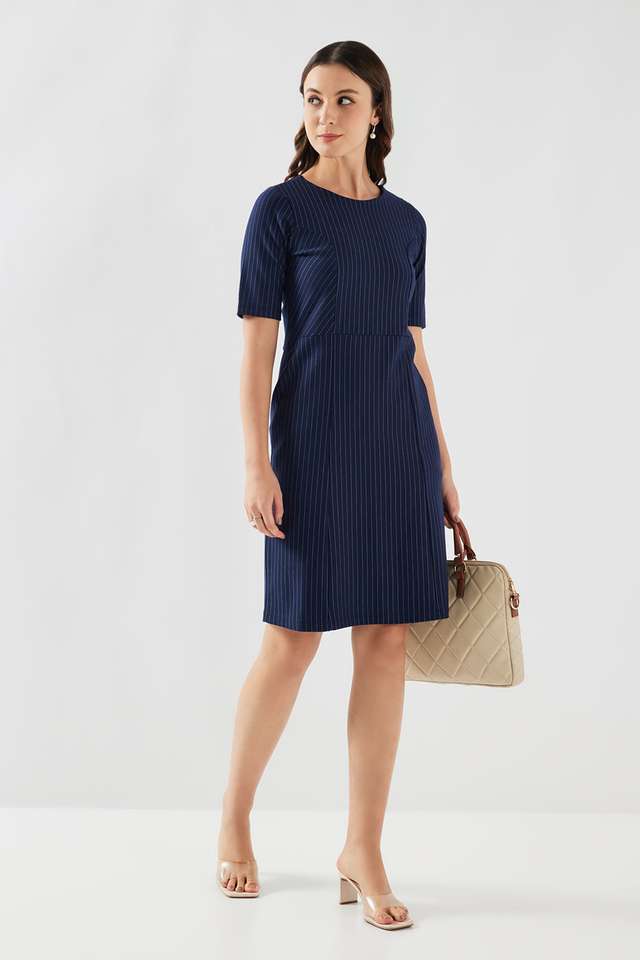 Stripes-Round-Neck-Blended-Fabric-Women-s-Dress