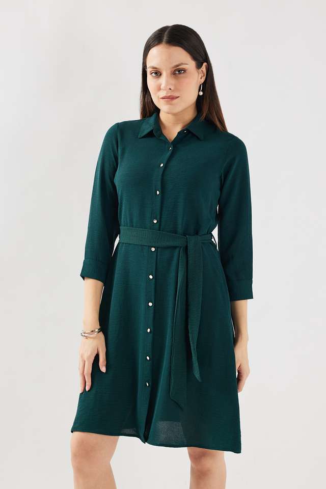Solid-Polyester-Collared-Women-s-Knee-Length-Dress