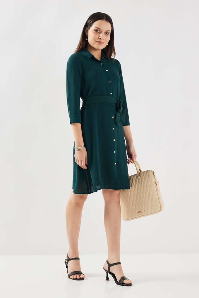 Solid-Polyester-Collared-Women-s-Knee-Length-Dress