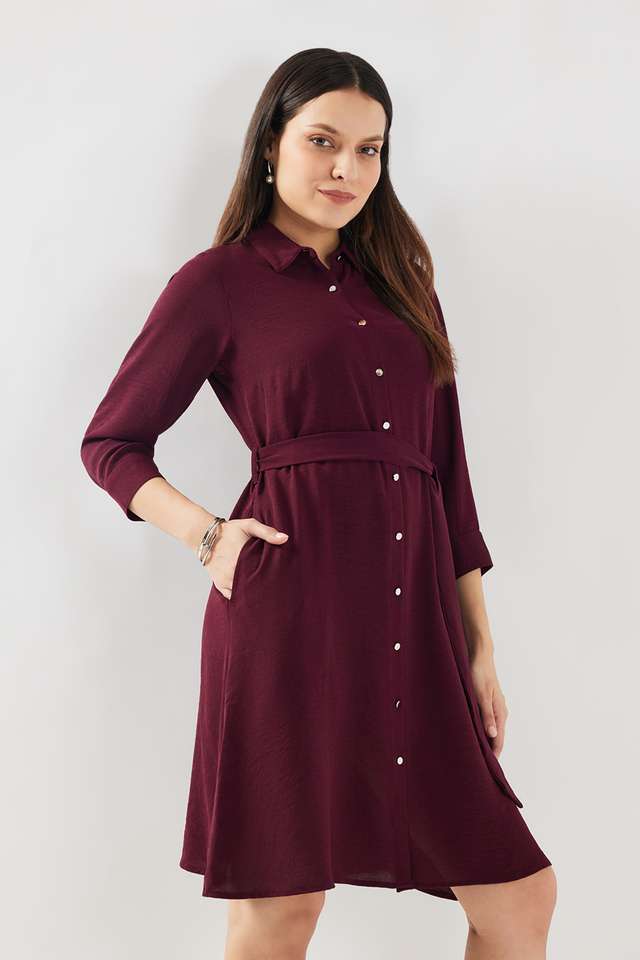 Solid-Polyester-Collared-Women-s-Knee-Length-Dress