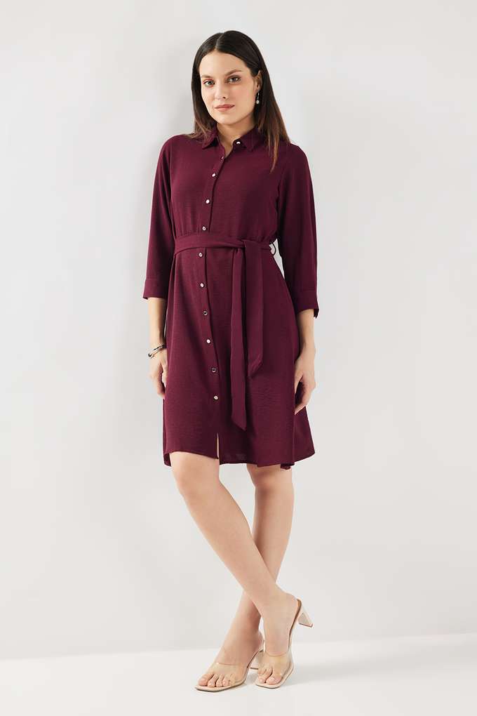 Solid-Polyester-Collared-Women-s-Knee-Length-Dress
