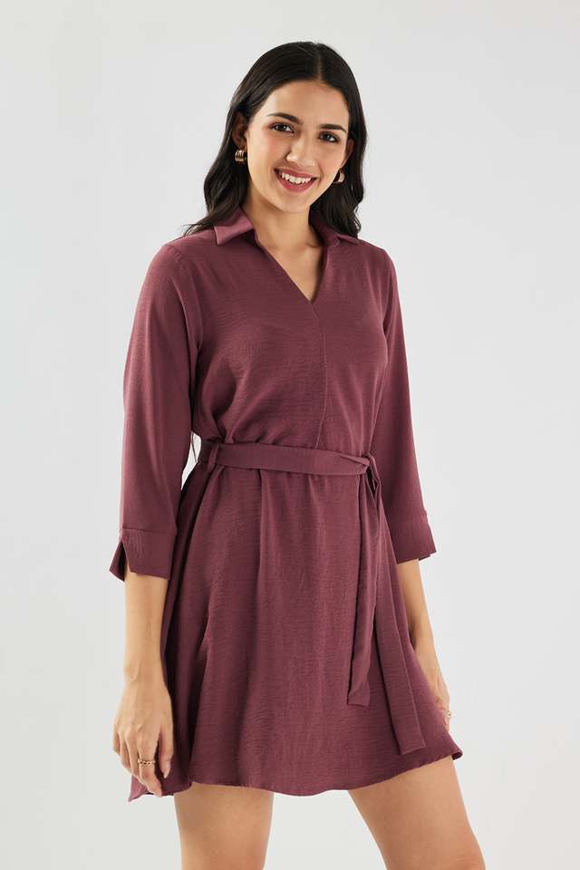 Solid-Collared-Polyester-Women-Dress