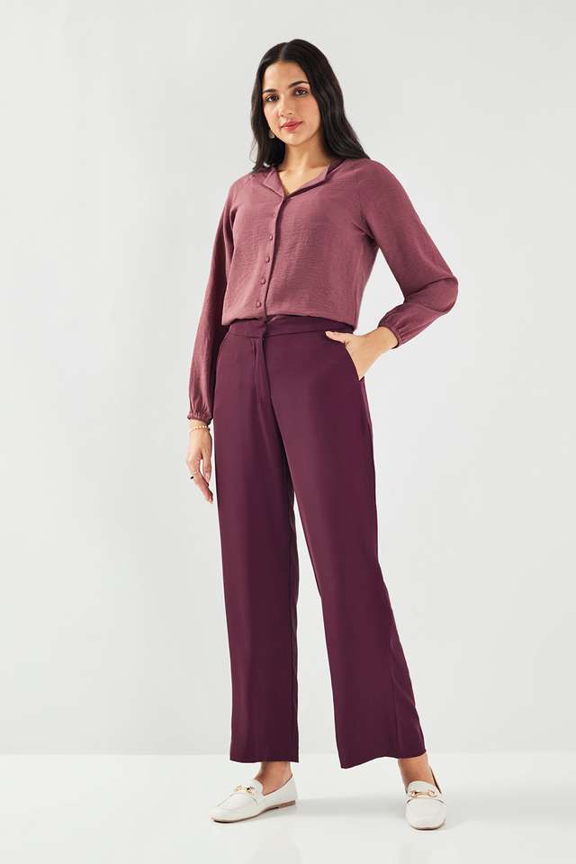 Solid-Blended-Fabric-Collared-Women-s-Top