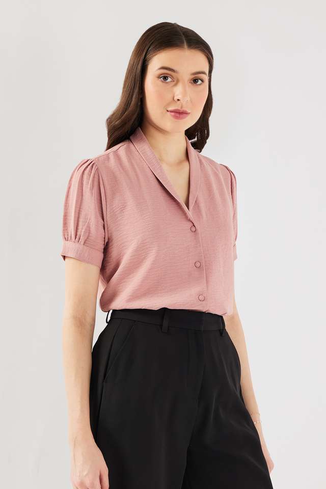 Solid-Blended-Fabric-Collared-Women-s-Top