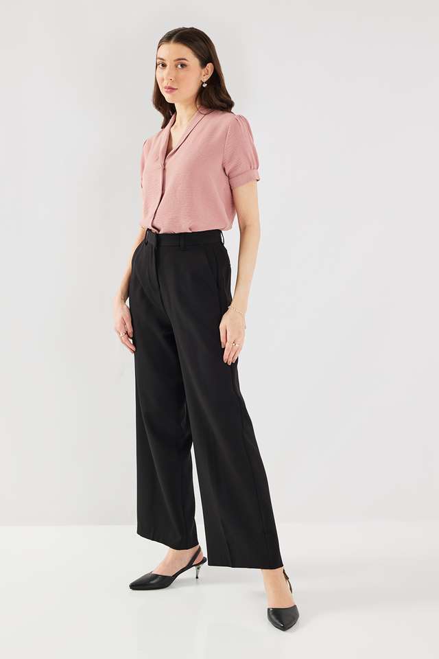 Solid-Blended-Fabric-Collared-Women-s-Top