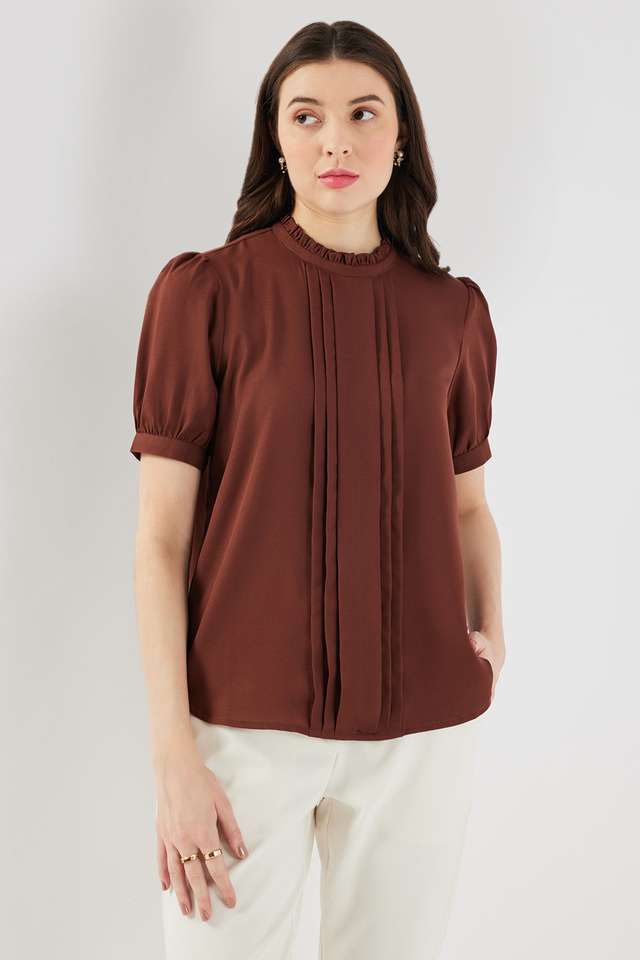 Solid-Polyester-Round-Neck-Women-s-Top