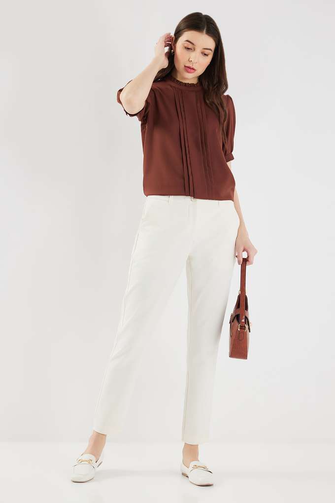 Solid-Polyester-Round-Neck-Women-s-Top