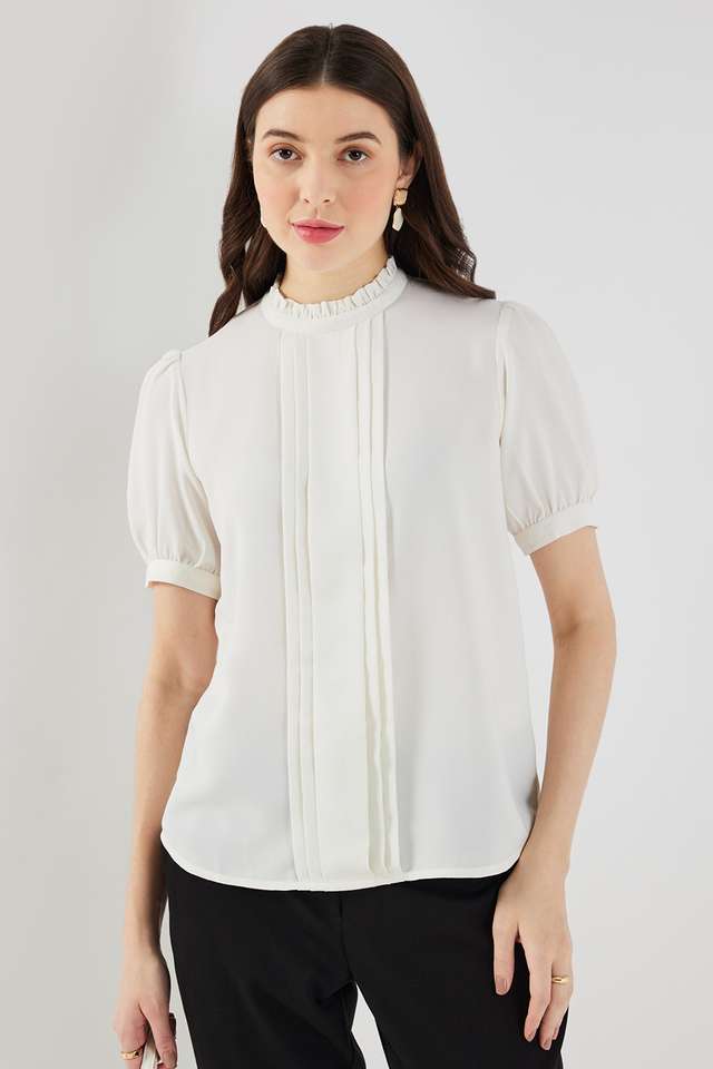 Solid-Polyester-Round-Neck-Women-s-Top