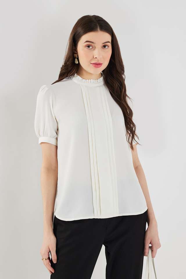 Solid-Polyester-Round-Neck-Women-s-Top