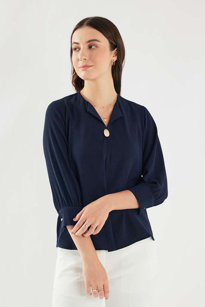 Solid-Crepe-V-Neck-Women-s-Top