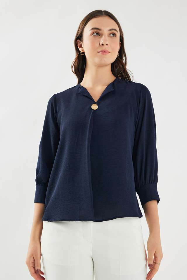 Solid-Crepe-V-Neck-Women-s-Top