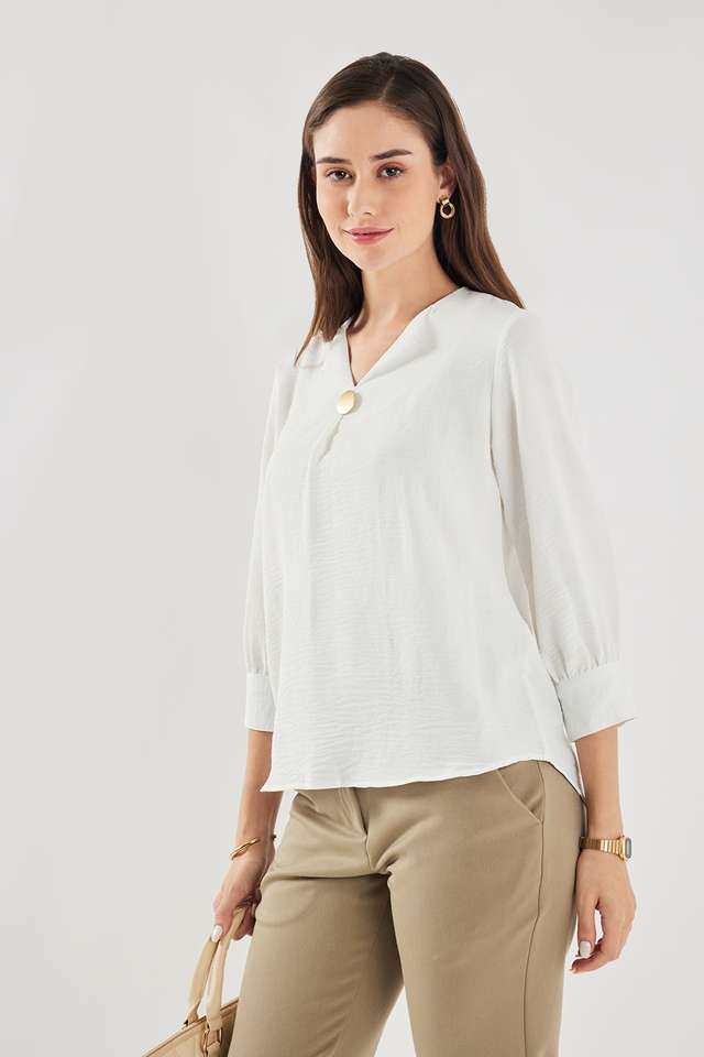 Solid-Polyester-V-Neck-Women-s-Top