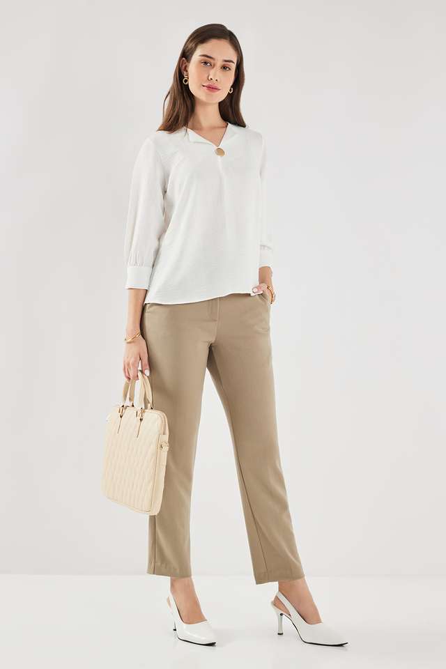 Solid-Polyester-V-Neck-Women-s-Top