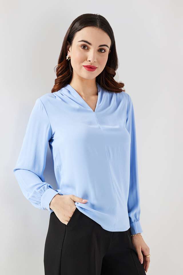 Solid-Blended-Fabric-V-Neck-Women-s-Top