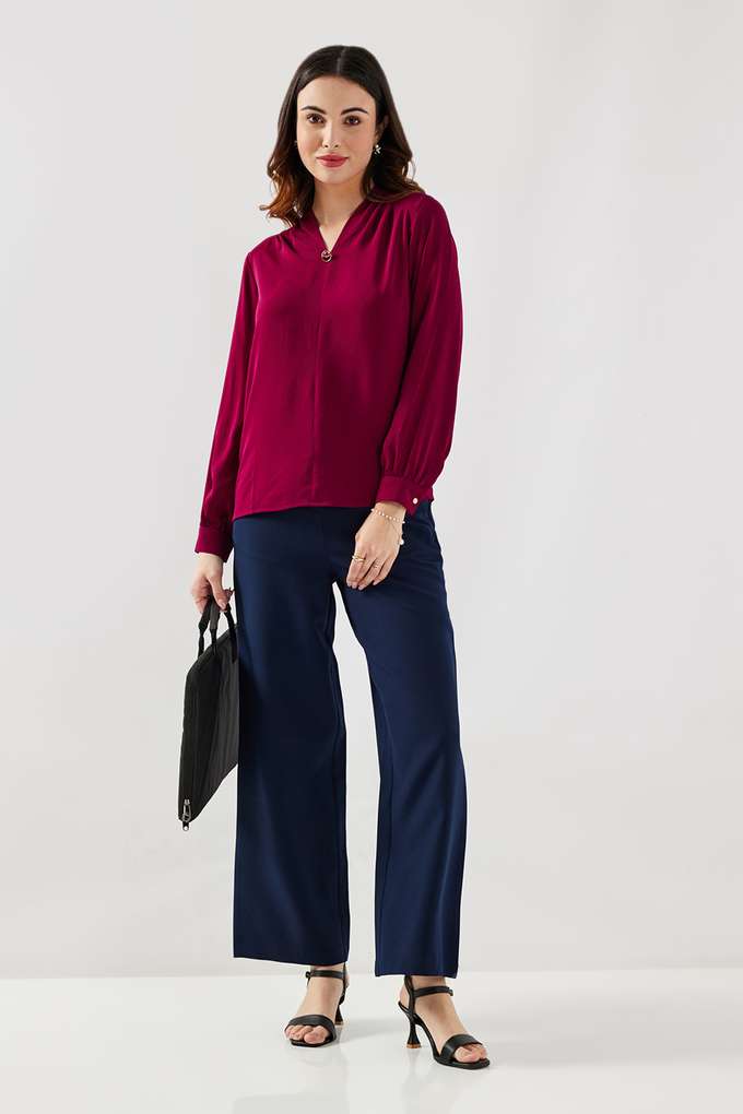 Solid-Blended-Fabric-V-Neck-Women-s-Top