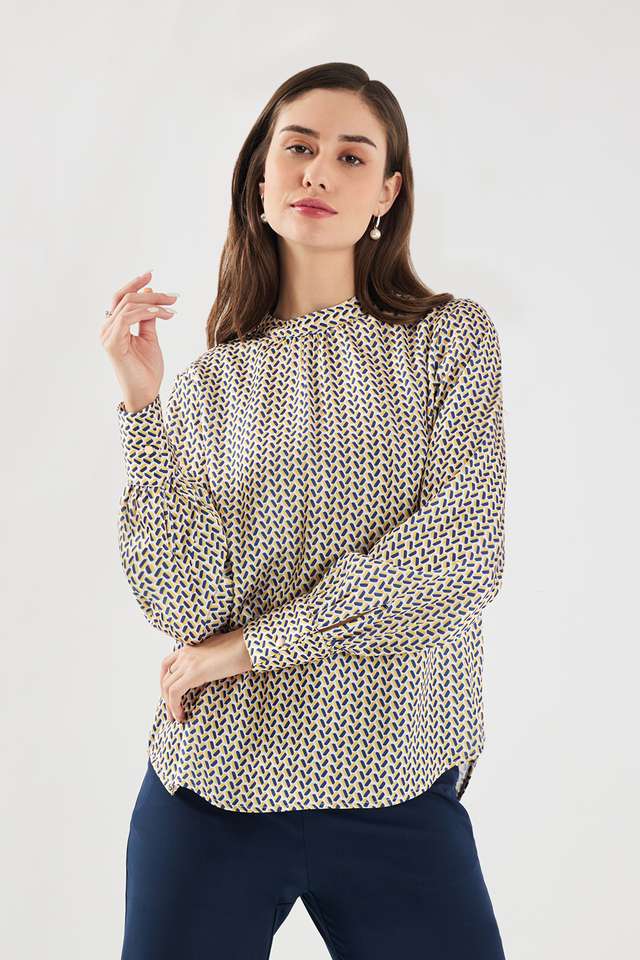 Printed-Blended-Fabric-Round-Neck-Women-s-Top