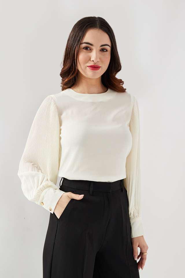 Solid-Blended-Fabric-Round-Neck-Women-s-Top