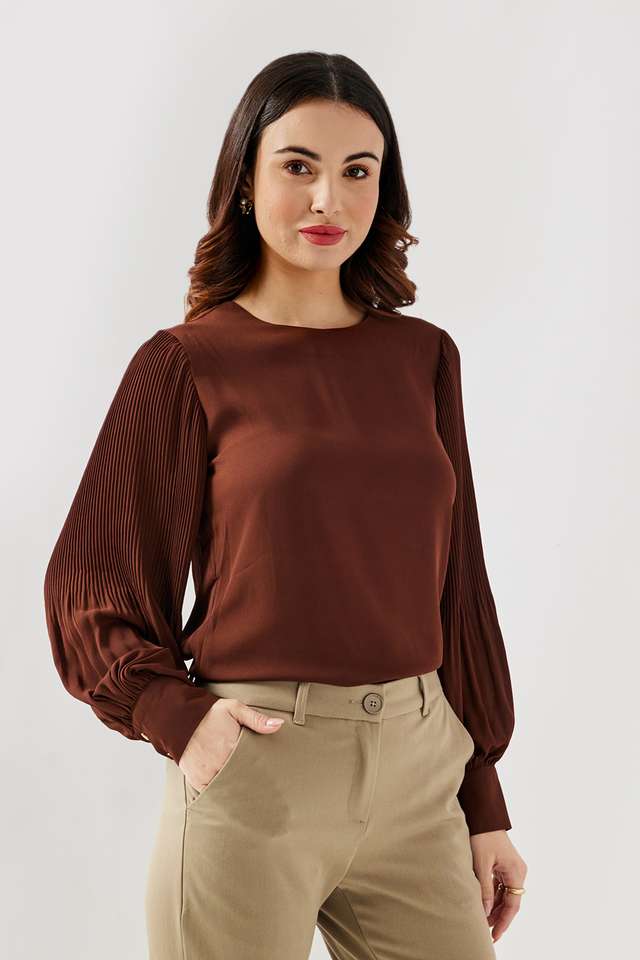 Solid-Blended-Fabric-Round-Neck-Women-s-Top