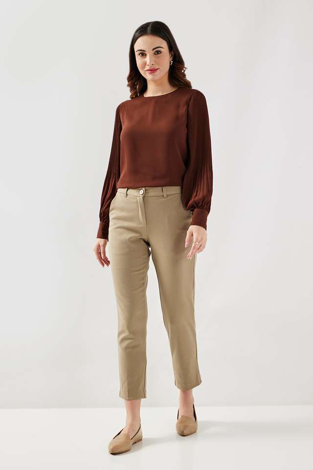 Solid-Blended-Fabric-Round-Neck-Women-s-Top