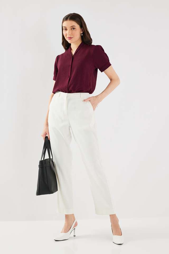 Solid-Blended-Fabric-Collared-Women-s-Top