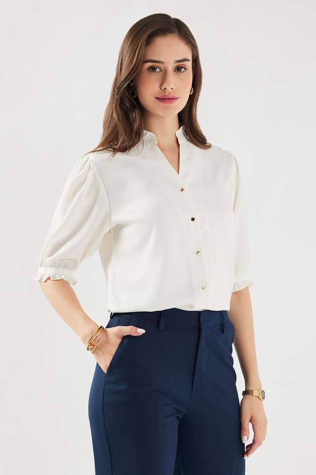 stop Solid Blended Fabric V-Neck Women's Top-picture-27