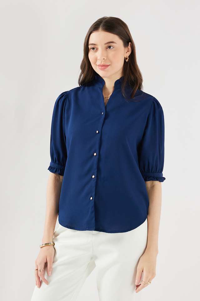 Solid-Blended-Fabric-V-Neck-Women-s-Top