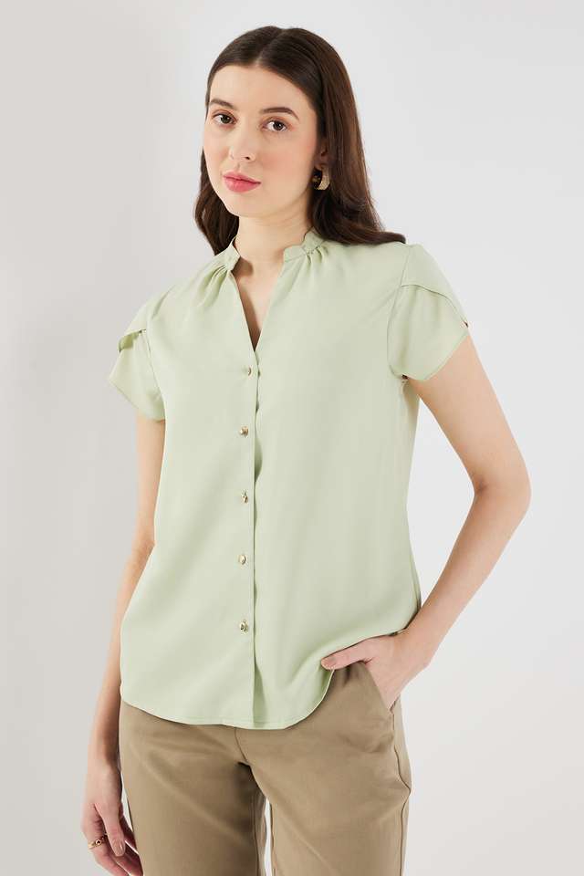 Solid-Polyester-V-Neck-Women-s-Top