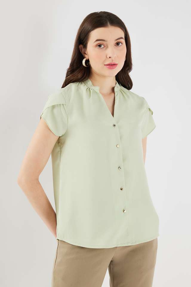 Solid-Polyester-V-Neck-Women-s-Top