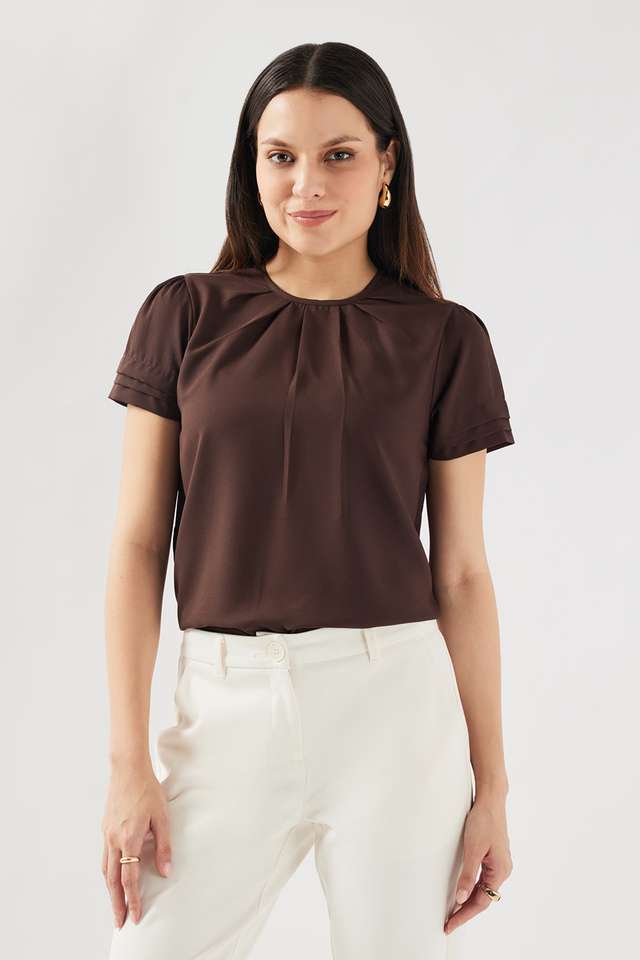 Solid-Blended-Fabric-Round-Neck-Women-s-Top