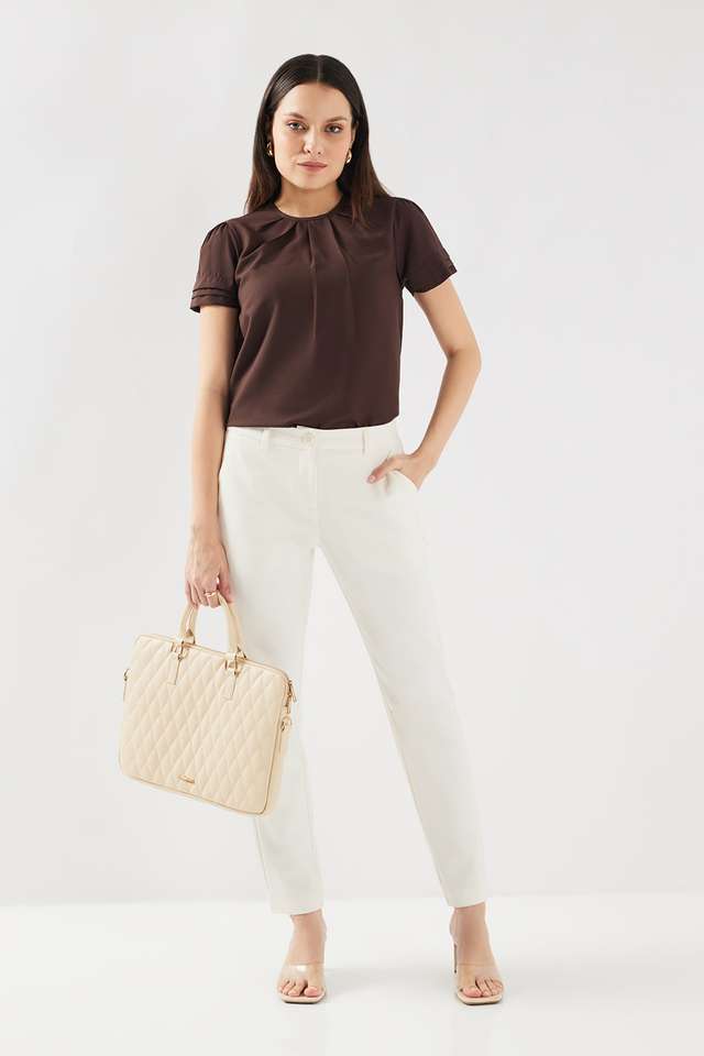 Solid-Blended-Fabric-Round-Neck-Women-s-Top