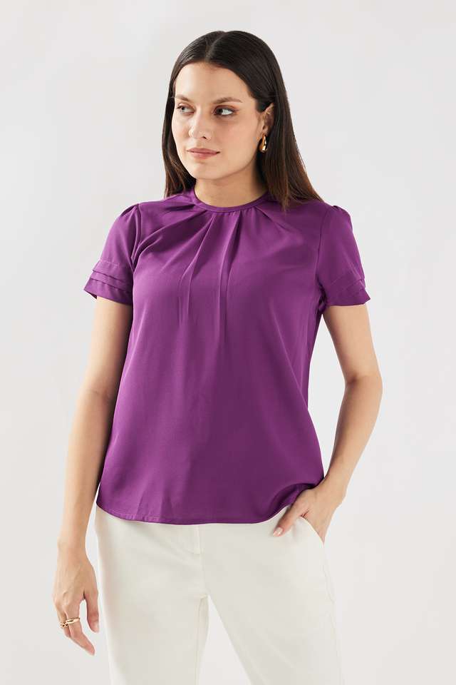 Solid-Blended-Fabric-Round-Neck-Women-Top