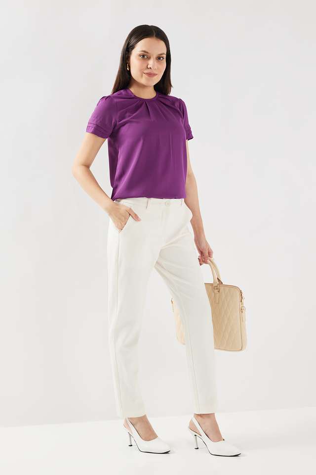 Solid-Blended-Fabric-Round-Neck-Women-Top