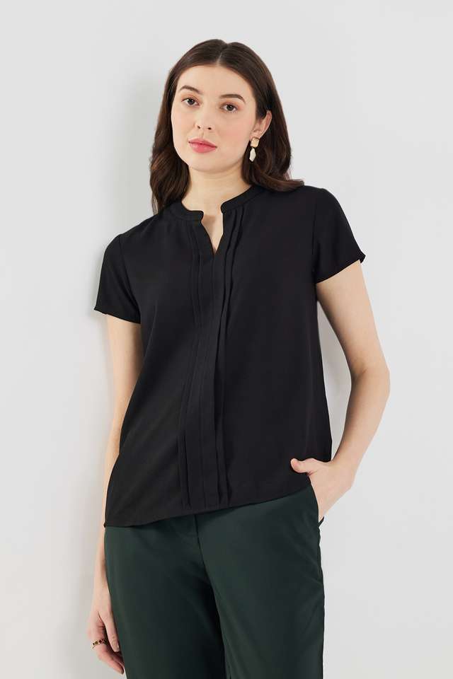 Solid-Polyester-V-Neck-Women-s-Top